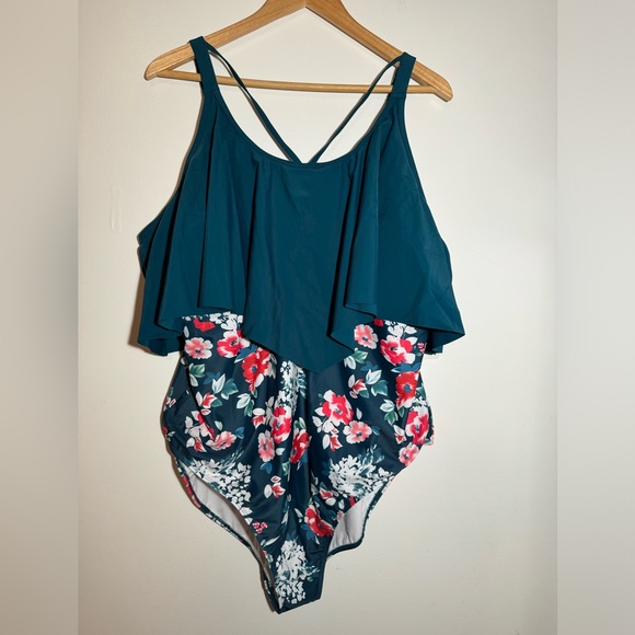 BLOOMCHIC Sz 22 green floral overlay sculpt one piece swim suit NWT 0B2 - Picture 4 of 9